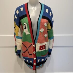 VTG Raphels Hand Knit Golf Themed 18th Hole Vibrant Novelty Cardigan Sweater 90s